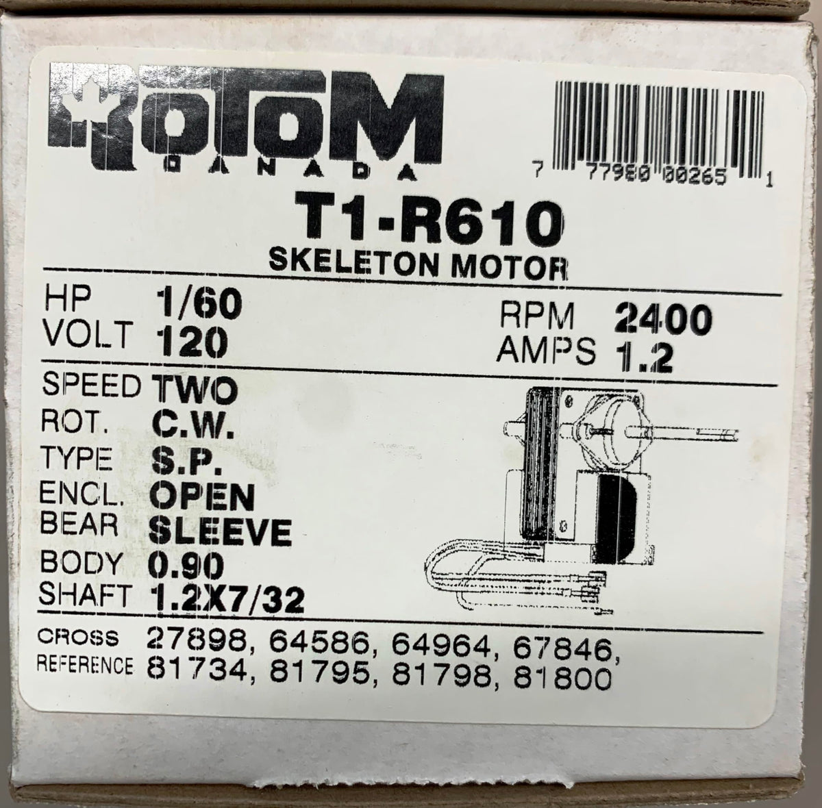 Rotom T1-R610 Motor 120 V 1 HP 2400 RPM 0.75 AMP