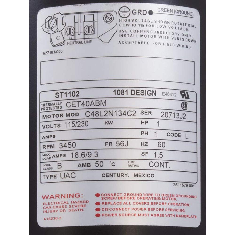 ST1102 Century Pool Pump Motor 1 HP 3600 RPM 56J Frame